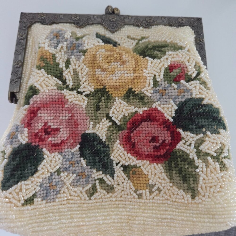 Vintage Floral Beaded & Needlepoint Purse - Picture 3 of 13